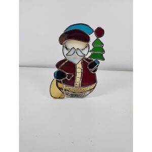 Santa Claus Stained Glass Old World Art Glass Candle Holder 6" Christmas